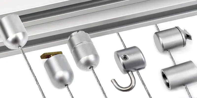 Rail/Track Tensioned Cable Display System components come in Satin Chrome Finish | Nova Display Systems