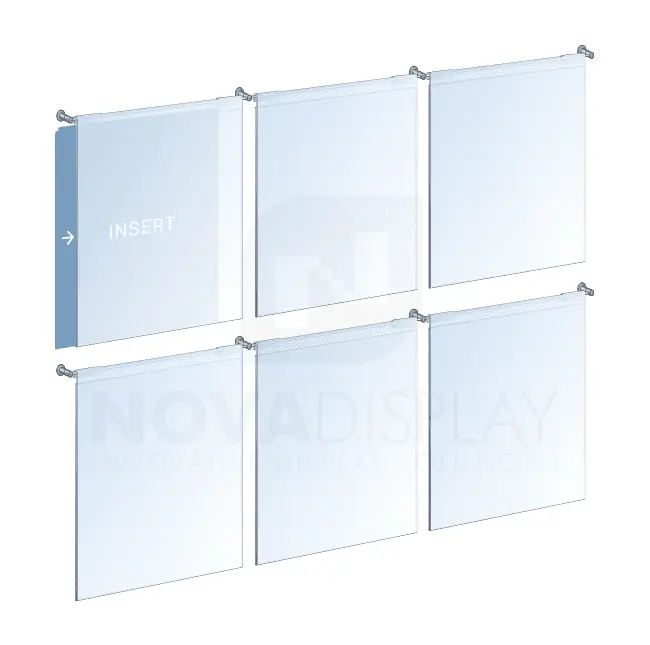 KHPI-032 Wall Mounted Hook-On Acrylic Info/Poster Display Kit / Mounted with 6mm Horizontal Rod System | Nova Display Systems