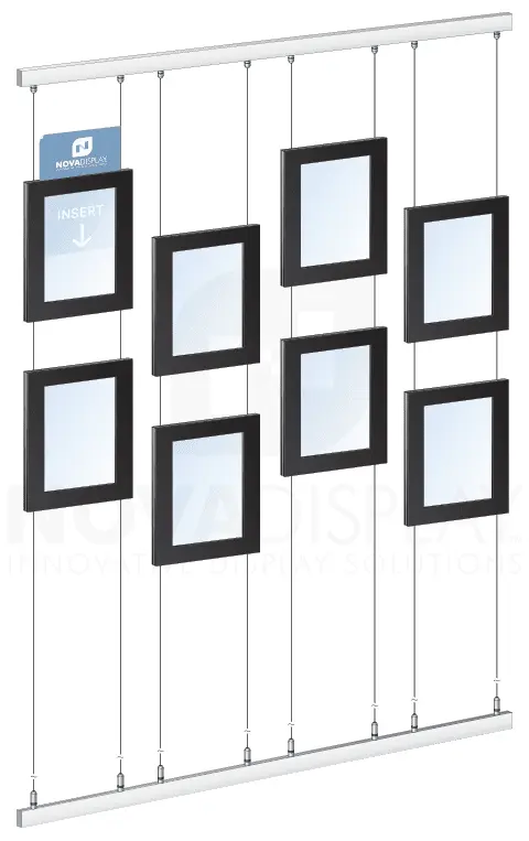 KART-207 Framed Display Kit with Top-Load Acrylic Picture Frames Suspended with Tensioned Cable System from Wall-to-Wall Mounted Rails/Tracks