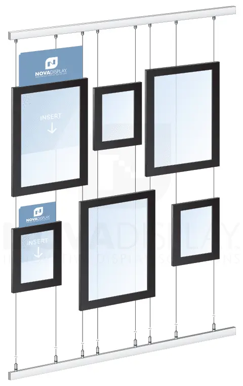 KART-218 Framed Display Kit with Top-Load Acrylic Picture Frames Suspended with Tensioned Cable System from Wall-to-Wall Mounted Rails/Tracks
